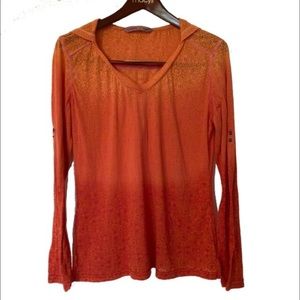 Athleta Orange V-Neck Long Sleeve Hooded Pullover Top Size Medium-Large